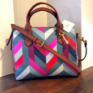 Fossil Fiona Fabric Chevron Blue Satchel Purse NWT